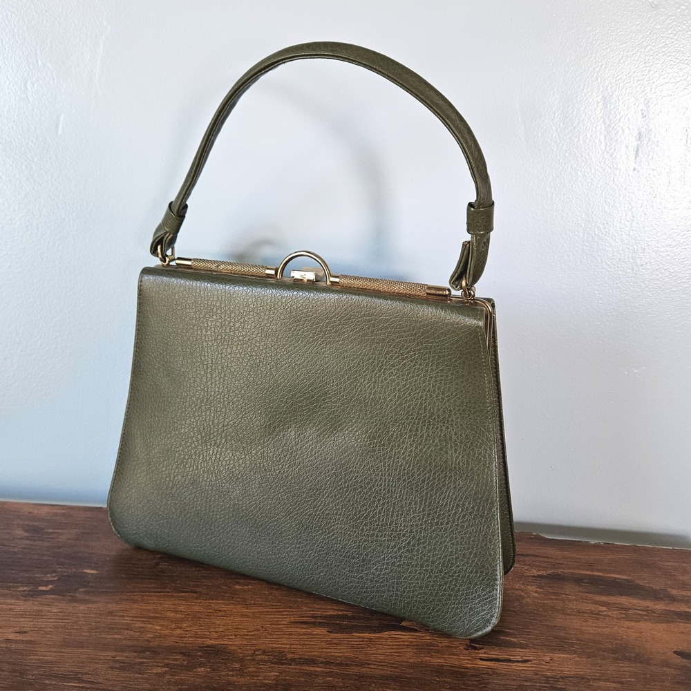 Vintage 50s 60s Olive Green Pebbled Top Handle Handbag Gold Frame Bag